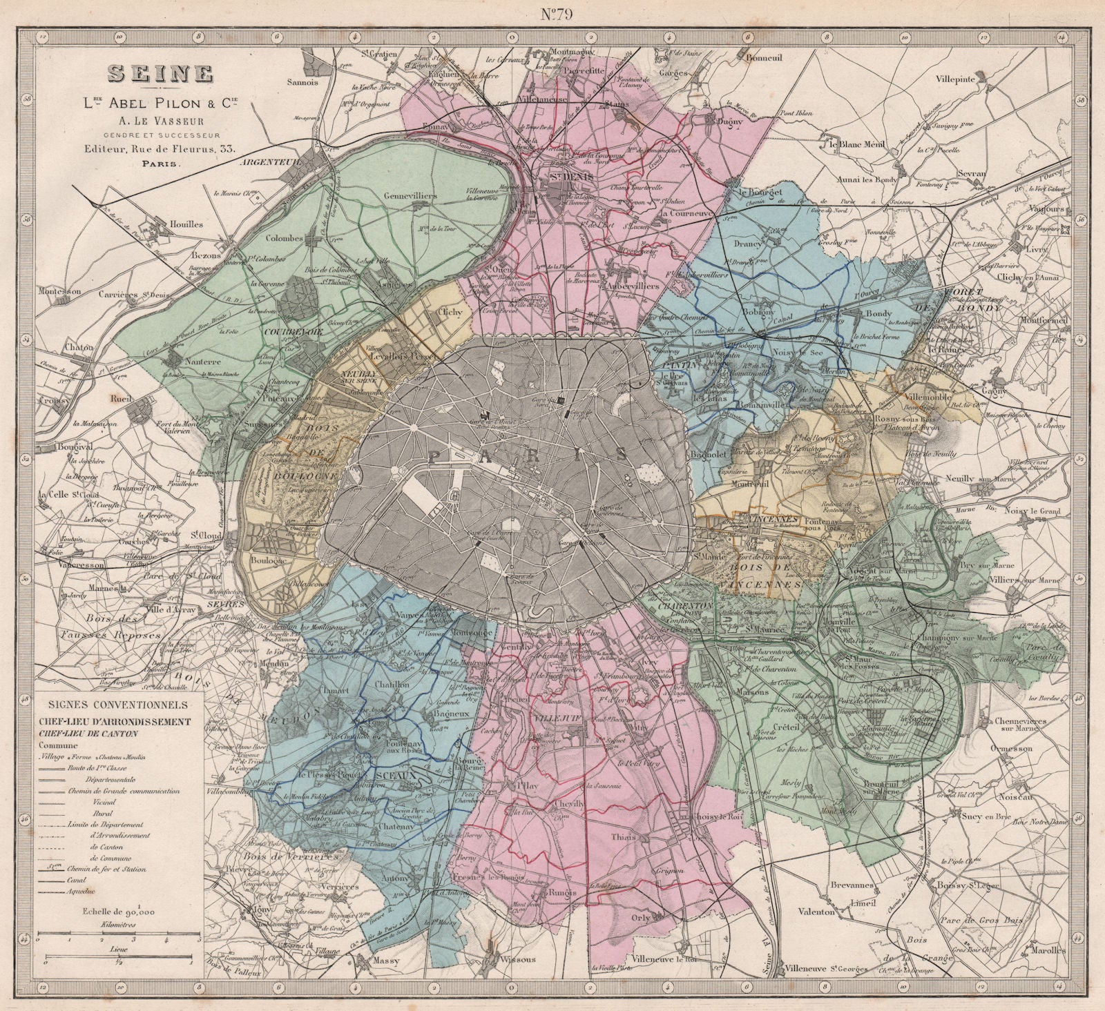 SEINE France department showing resources & minerals. LE VASSEUR 1876 old map